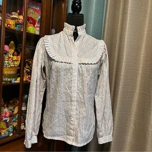 Vintage 80s Striped Ruffle Collar Blouse- S